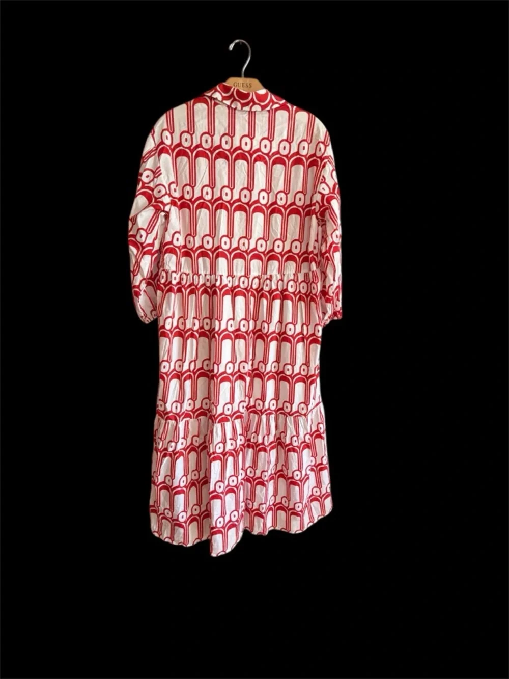 Maeve Red and White Geometric Print Collared Midi Dress
